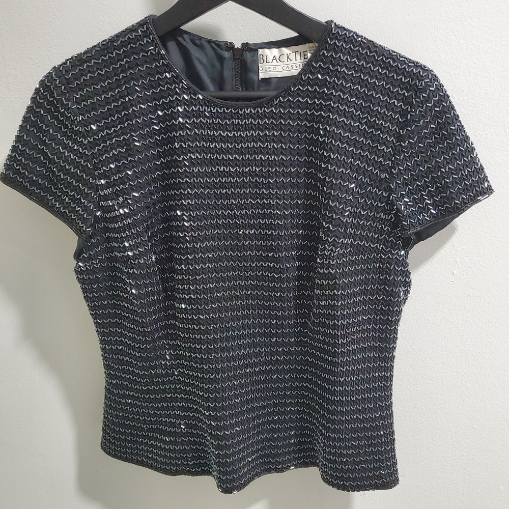 Oleg Cassini Vintage Black Zippered Top With Beading
